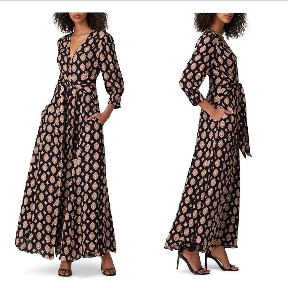 Nicholas Silk Maxi Dress US 4 Noura Black Coral Paisley Belted Gold Button Up